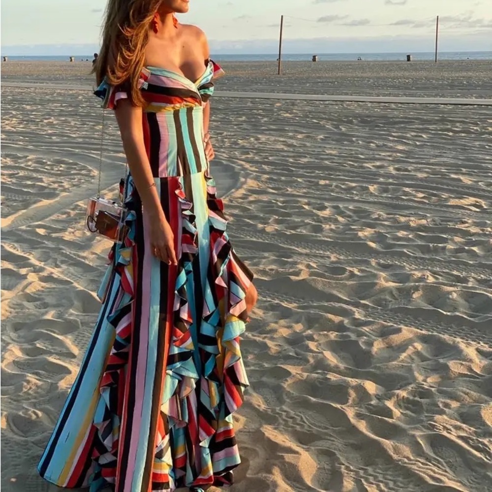 Caroline Constas Rainbow Striped Ruffle Gown Off Shoulder Size Large - Picture 14 of 16